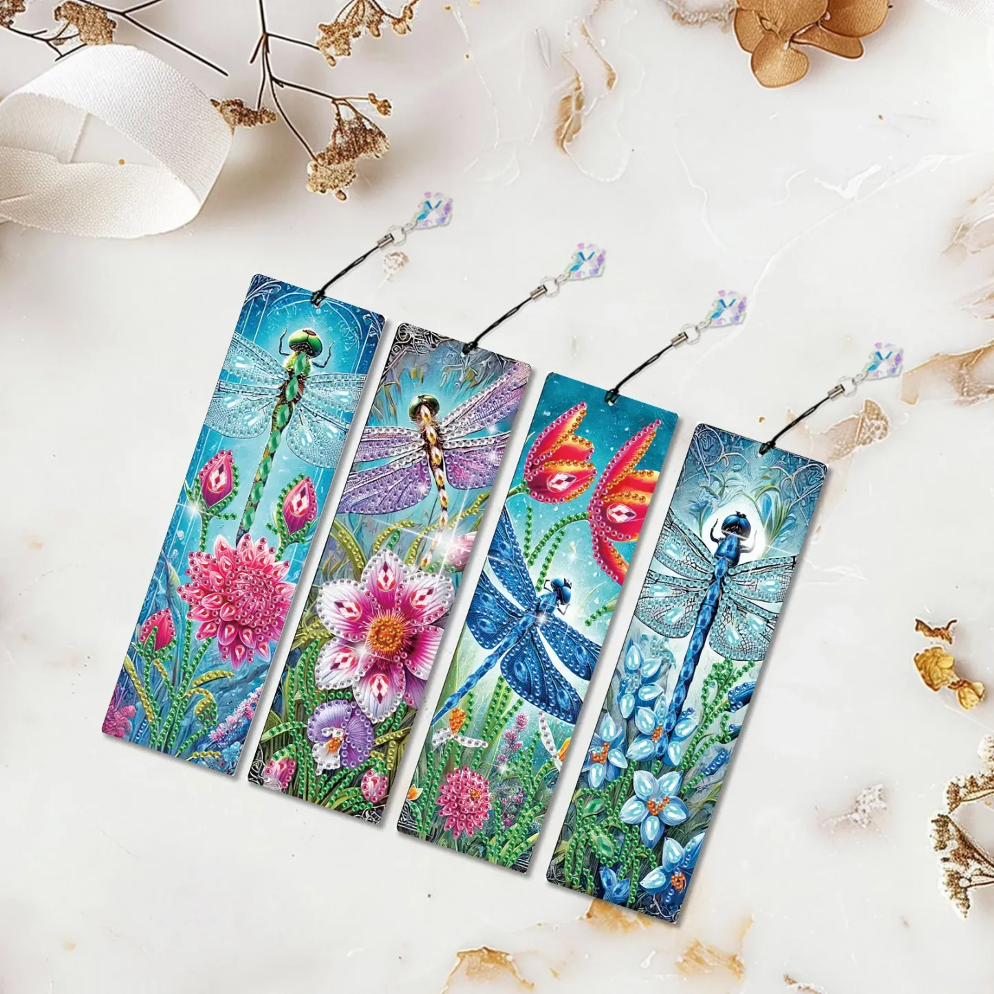 4Pcs Dragonfly Garden DIY Diamond Painting Bookmark with Crystal Pendants Diamond Painting Art Bookmarks Special Shape for DIY Making Beginners Adult Arts Craft Supplies