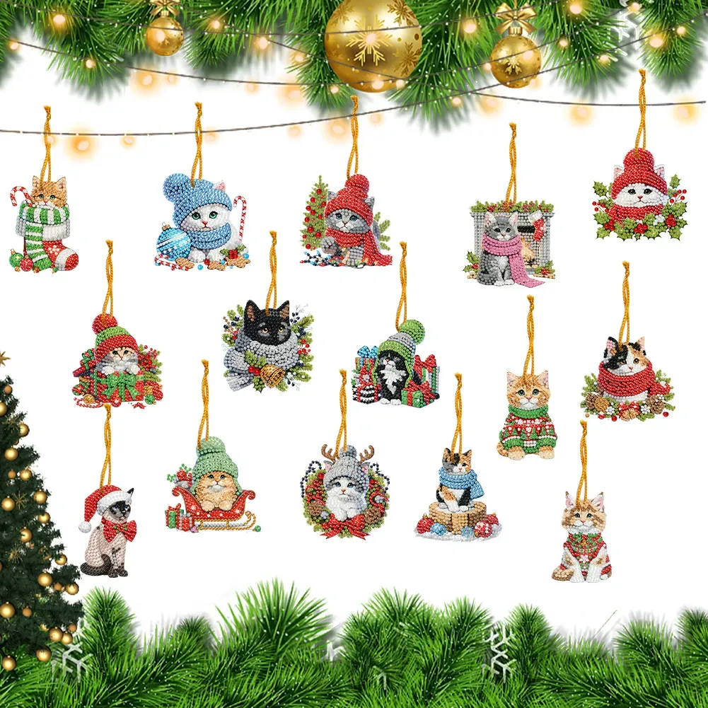 15Pcs DIY Christmas Atmosphere Cat Diamond Painting Pendant (Double-Sided)