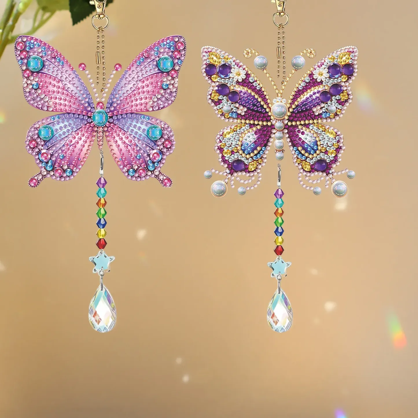 Butterfly 5D Diamond Painting Suncatcher with Crystal Pendant, Double-Sided Hanging Wind Chime Kit for Adults | Colorful Spring Window Decor