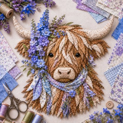 ⏰LAST DAY 49% OFF - 🐮💐🌸 Birth Flower Highland Cow 3D Layered Fabric Art DIY Kit | Complete Kit Included ✂️ Pre-Cut Pieces • Glue or Stitch Your Way • Create a Cozy 3D Highland Cow Decor 💕