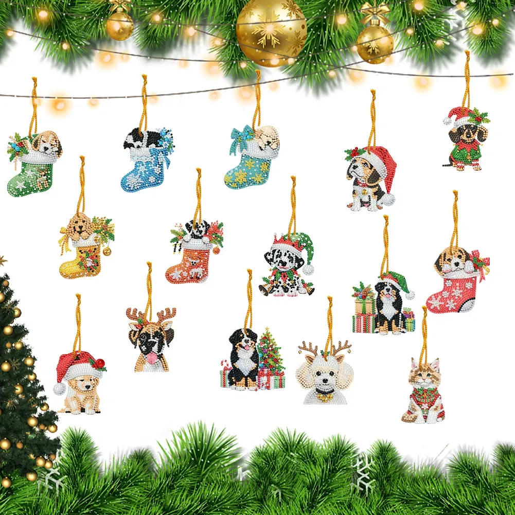 15Pcs DIY Christmas Atmosphere Dog Diamond Painting Pendant (Double-Sided)