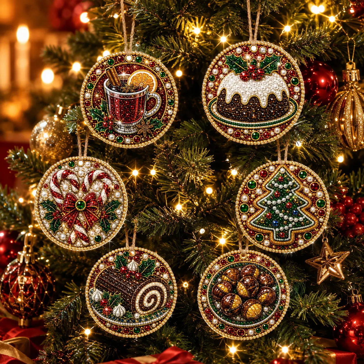 6 Pcs Christmas Wooden Ornaments DIY Pearls Diamond Painting Kit Rhinestone Art Pendants with Hemp Rope for Holiday Tree Decor