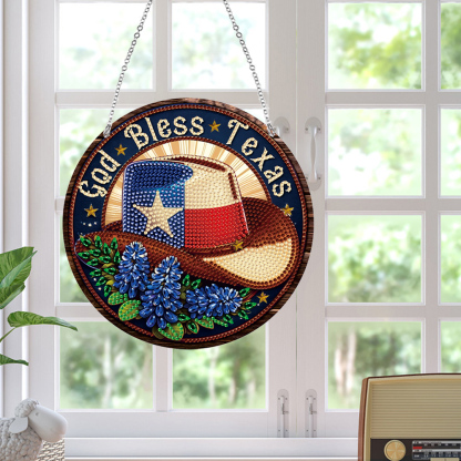 DIY God Bless Texas-Diamond Painting Sun Catcher（Single-Sided)