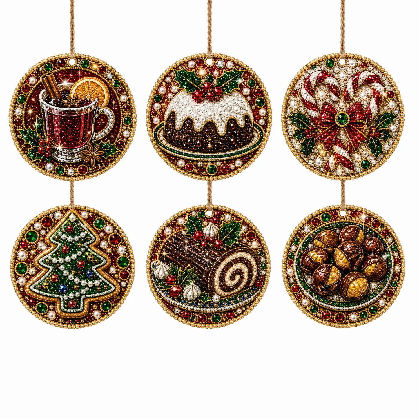 6 Pcs Christmas Wooden Ornaments DIY Pearls Diamond Painting Kit Rhinestone Art Pendants with Hemp Rope for Holiday Tree Decor