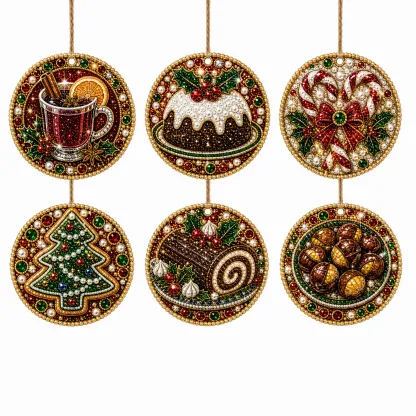6 Pcs Christmas Wooden Ornaments DIY Pearls Diamond Painting Kit Rhinestone Art Pendants with Hemp Rope for Holiday Tree Decor