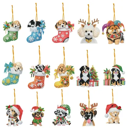 15Pcs DIY Christmas Atmosphere Dog Diamond Painting Pendant (Double-Sided)