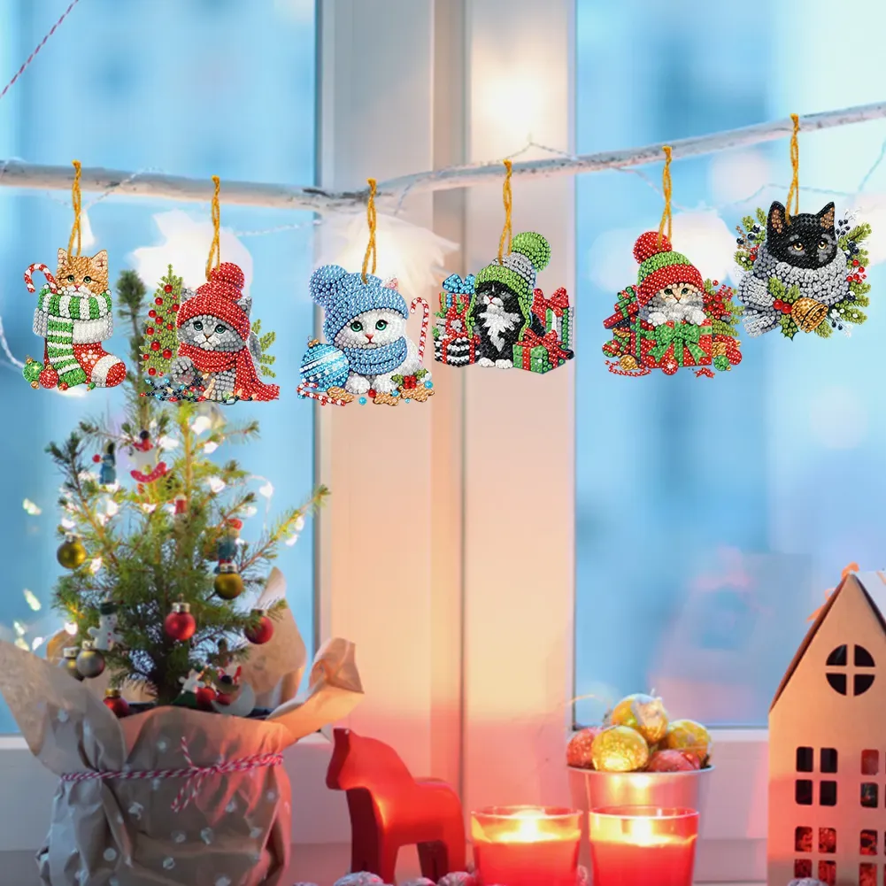 15Pcs DIY Christmas Atmosphere Cat Diamond Painting Pendant (Double-Sided)