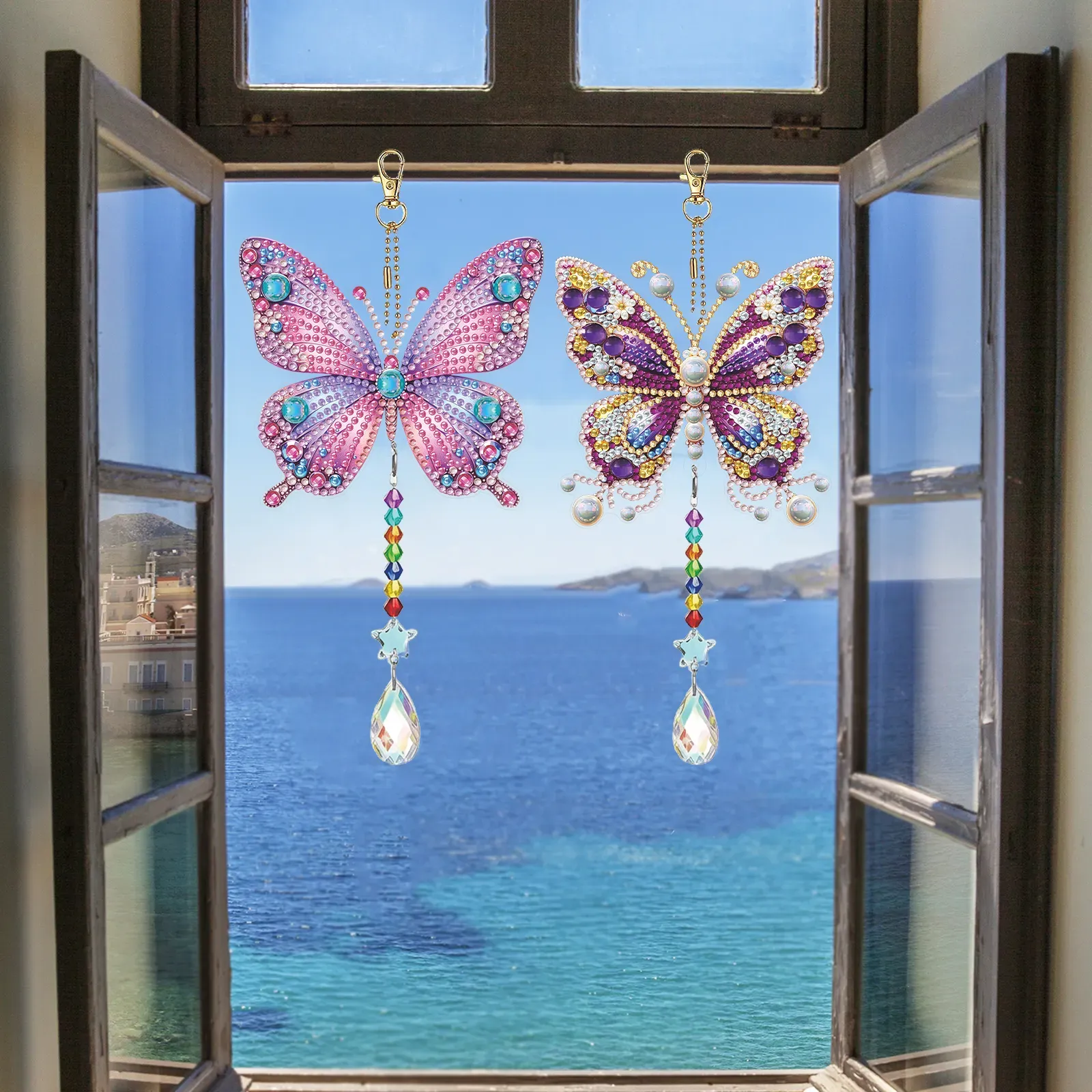 Butterfly 5D Diamond Painting Suncatcher with Crystal Pendant, Double-Sided Hanging Wind Chime Kit for Adults | Colorful Spring Window Decor