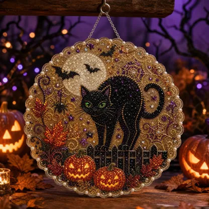 DIY Black Cat Halloween Diamond Painting Pearls Painting Pendant (Single-Sided)