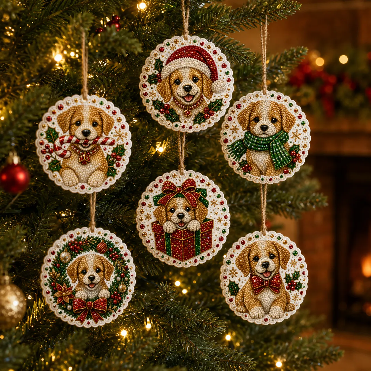 6pcs Xmas Puppies Pearl Art Diamond Painting Pendant