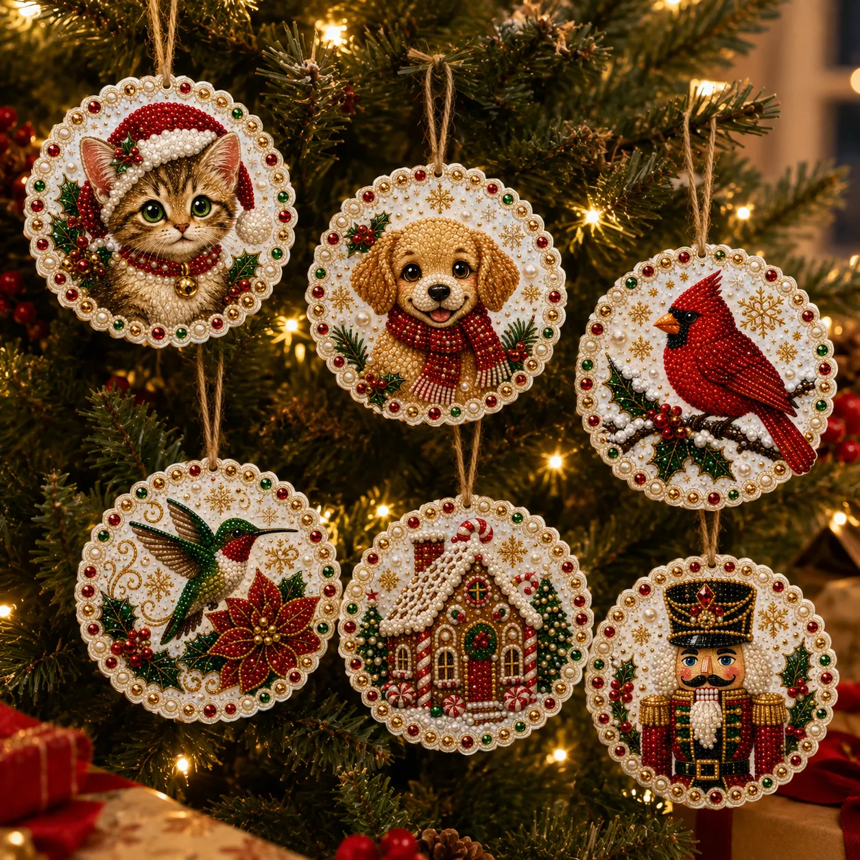 6pcs Xmas Pets Pearl Art Diamond Painting Pendant