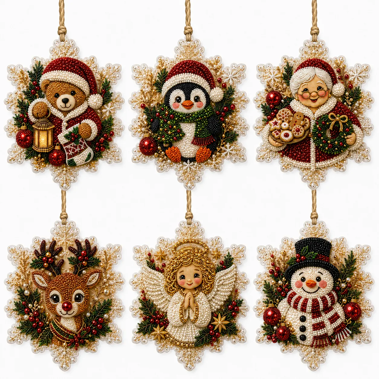 6 Pcs Christmas Ornaments DIY Pearls Diamond Painting Kit Rhinestone Art Pendants with Hemp Rope for Holiday Tree Decor