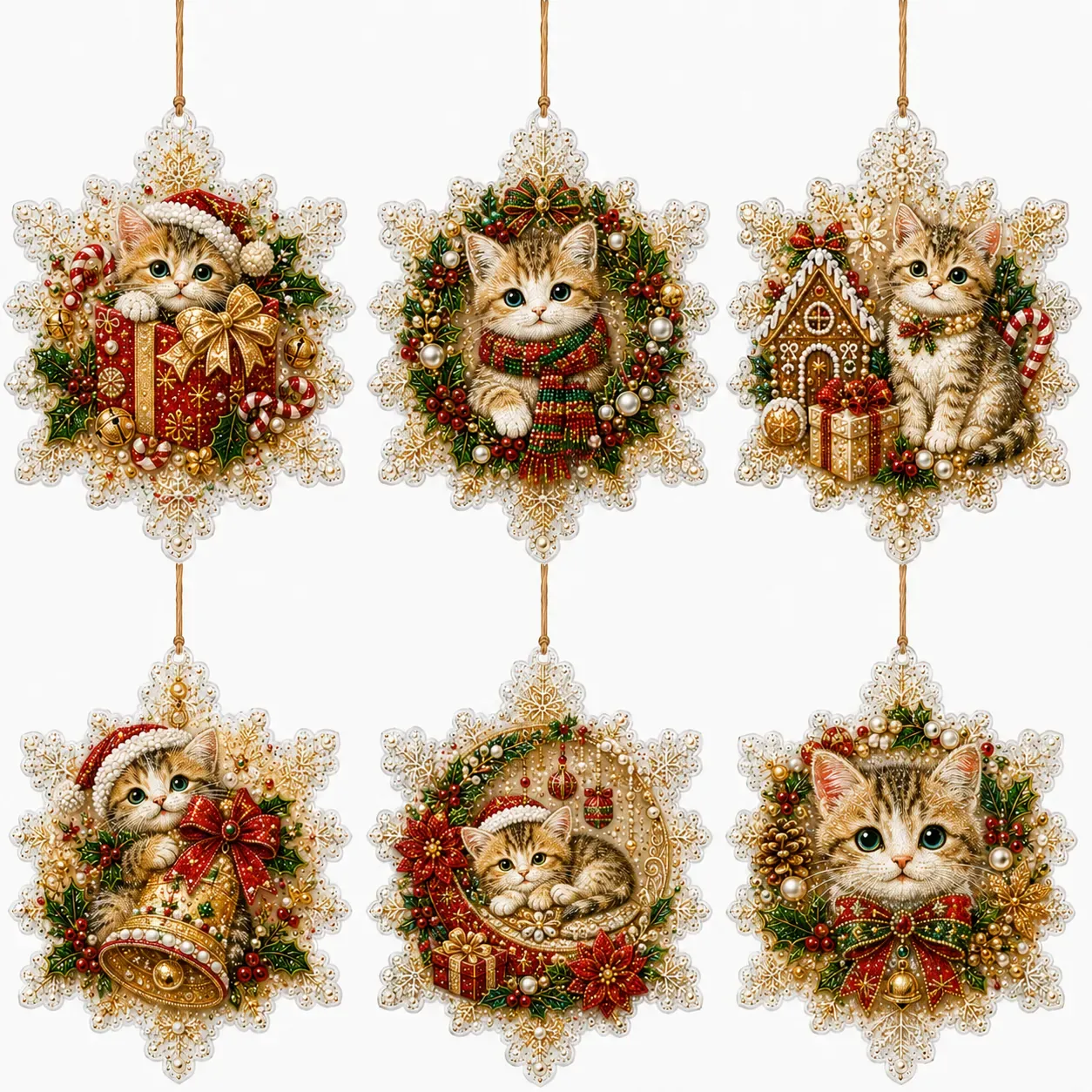 6pcs Snowflake Kittens Pearl Art Diamond Painting Pendant