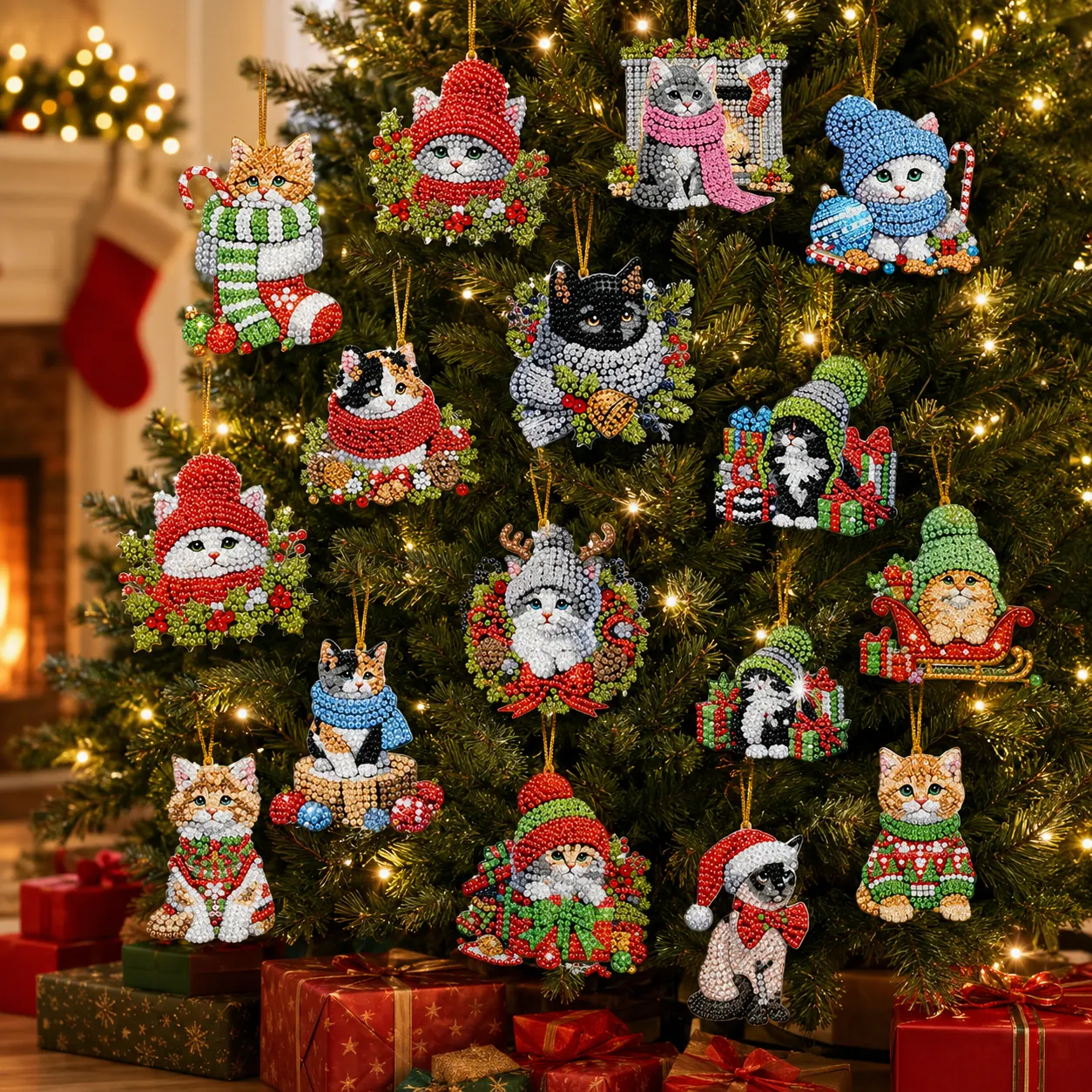 15Pcs DIY Christmas Atmosphere Cat Diamond Painting Pendant (Double-Sided)