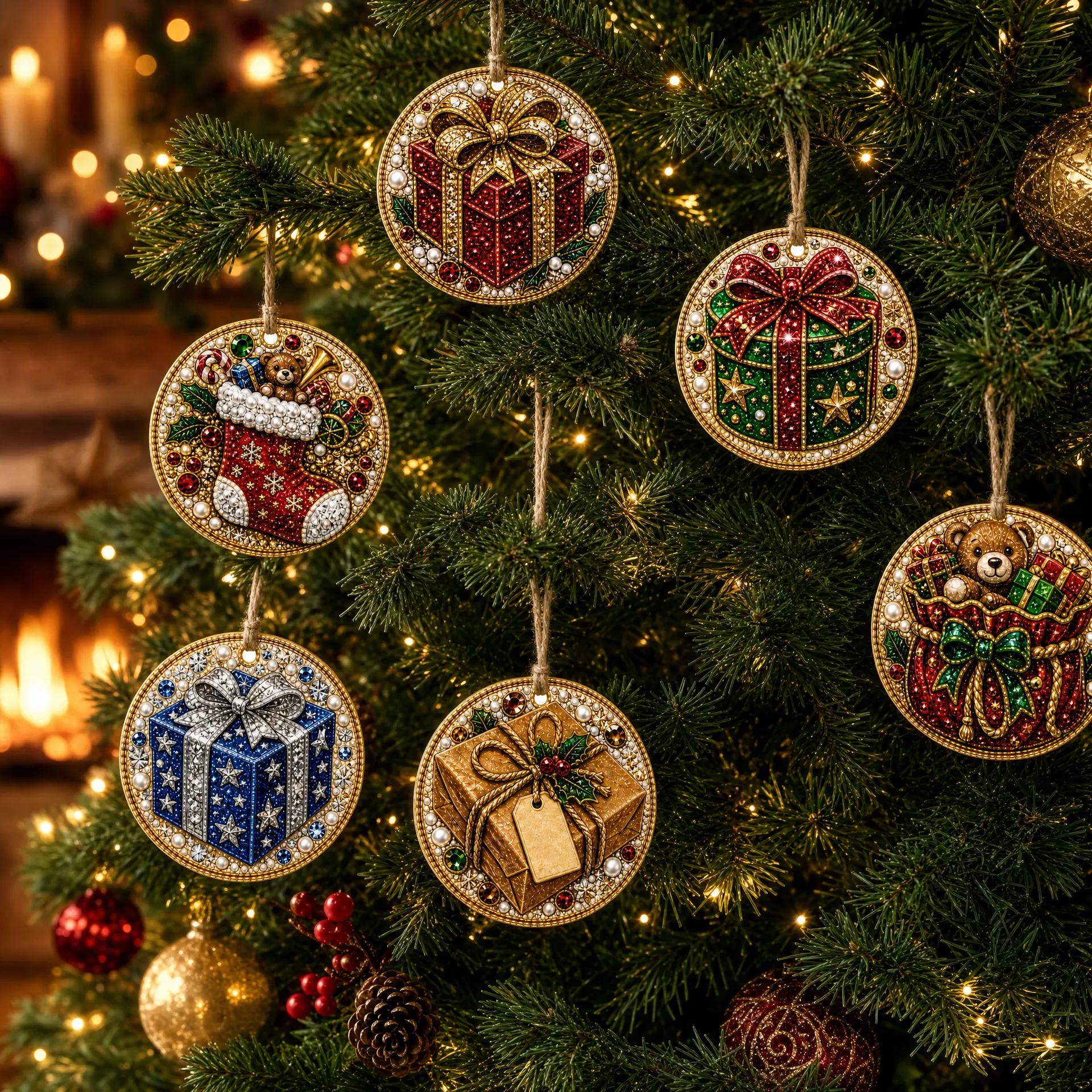 6 Pcs Christmas Wooden Ornaments DIY Pearls Diamond Painting Kit Rhinestone Art Pendants with Hemp Rope for Holiday Tree Decor