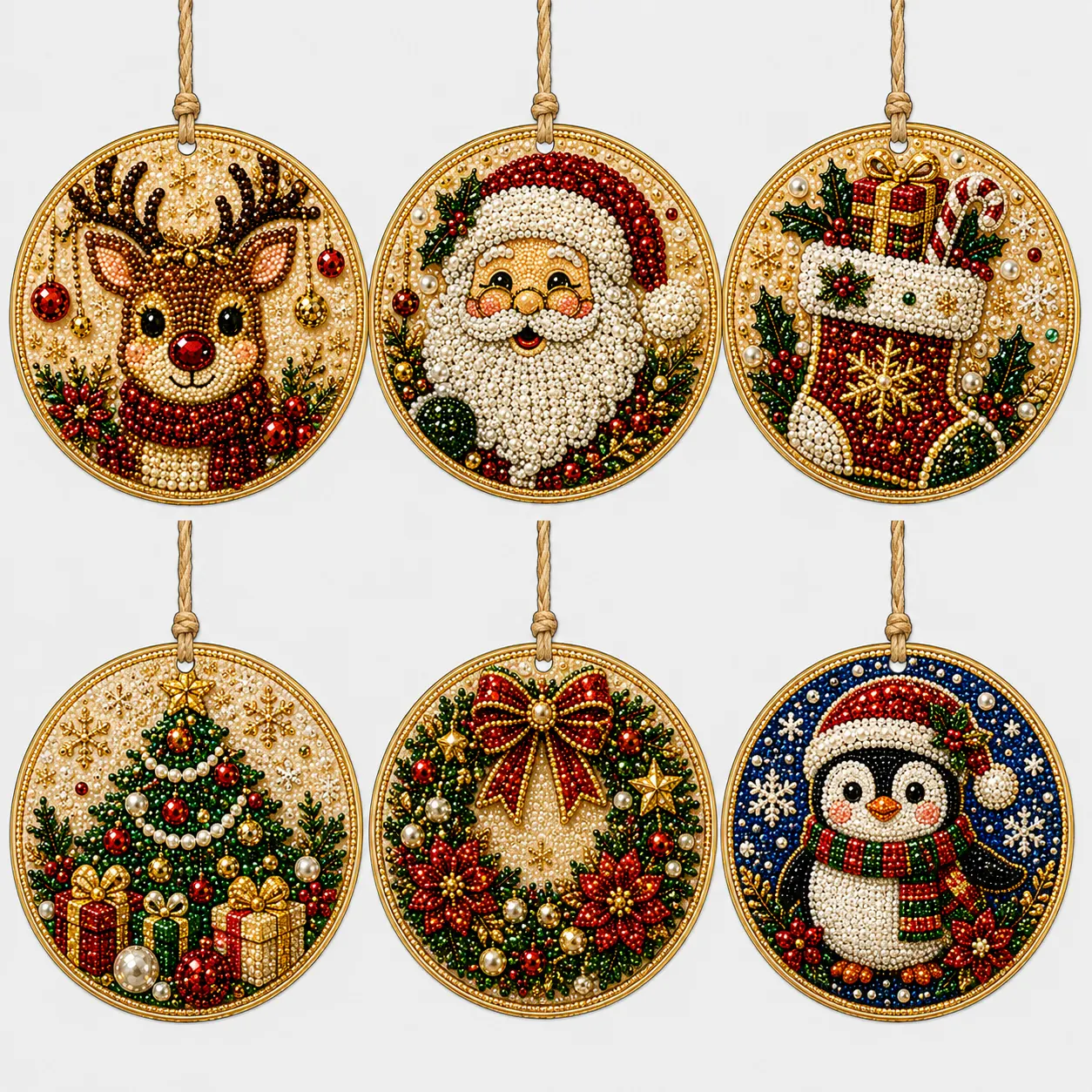 6 Pcs Christmas Ornaments DIY Pearls Diamond Painting Kit Rhinestone Art Pendants with Hemp Rope for Holiday Tree Decor