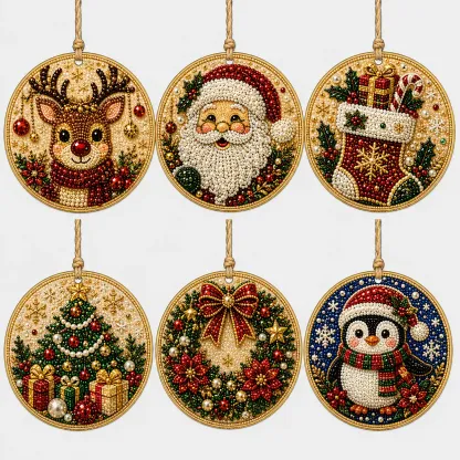 6 Pcs Christmas Ornaments DIY Pearls Diamond Painting Kit Rhinestone Art Pendants with Hemp Rope for Holiday Tree Decor