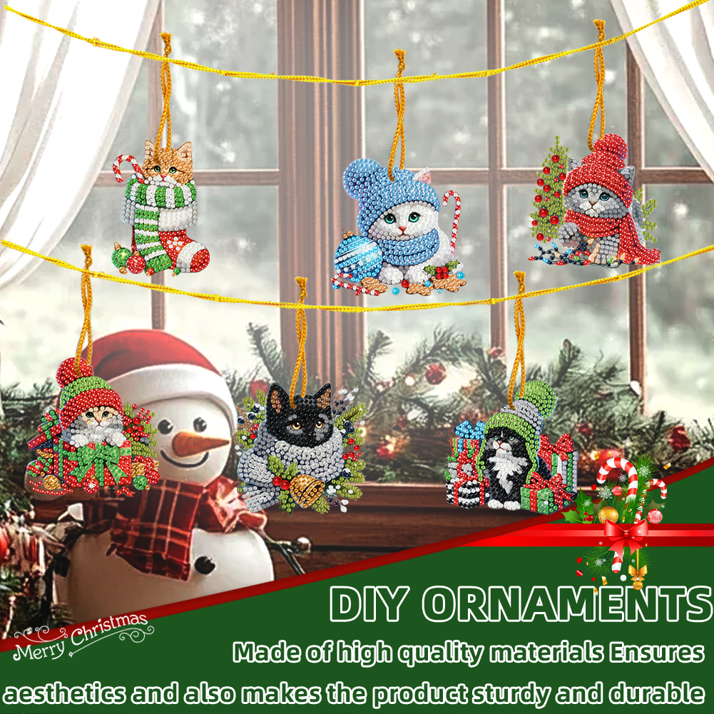 15Pcs DIY Christmas Atmosphere Cat Diamond Painting Pendant (Double-Sided)