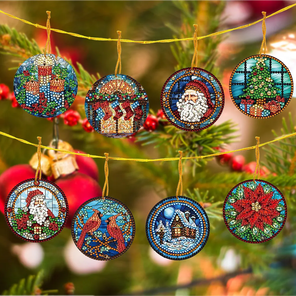 8Pcs DIY Christmas Atmosphere Diamond Painting Pendant（Single Sided)