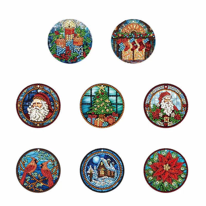 8Pcs DIY Christmas Atmosphere Diamond Painting Pendant（Single Sided)