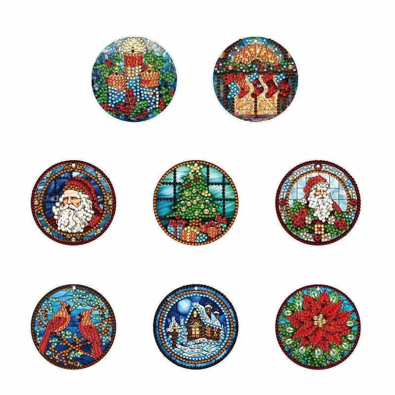8Pcs DIY Christmas Atmosphere Diamond Painting Pendant（Single Sided)