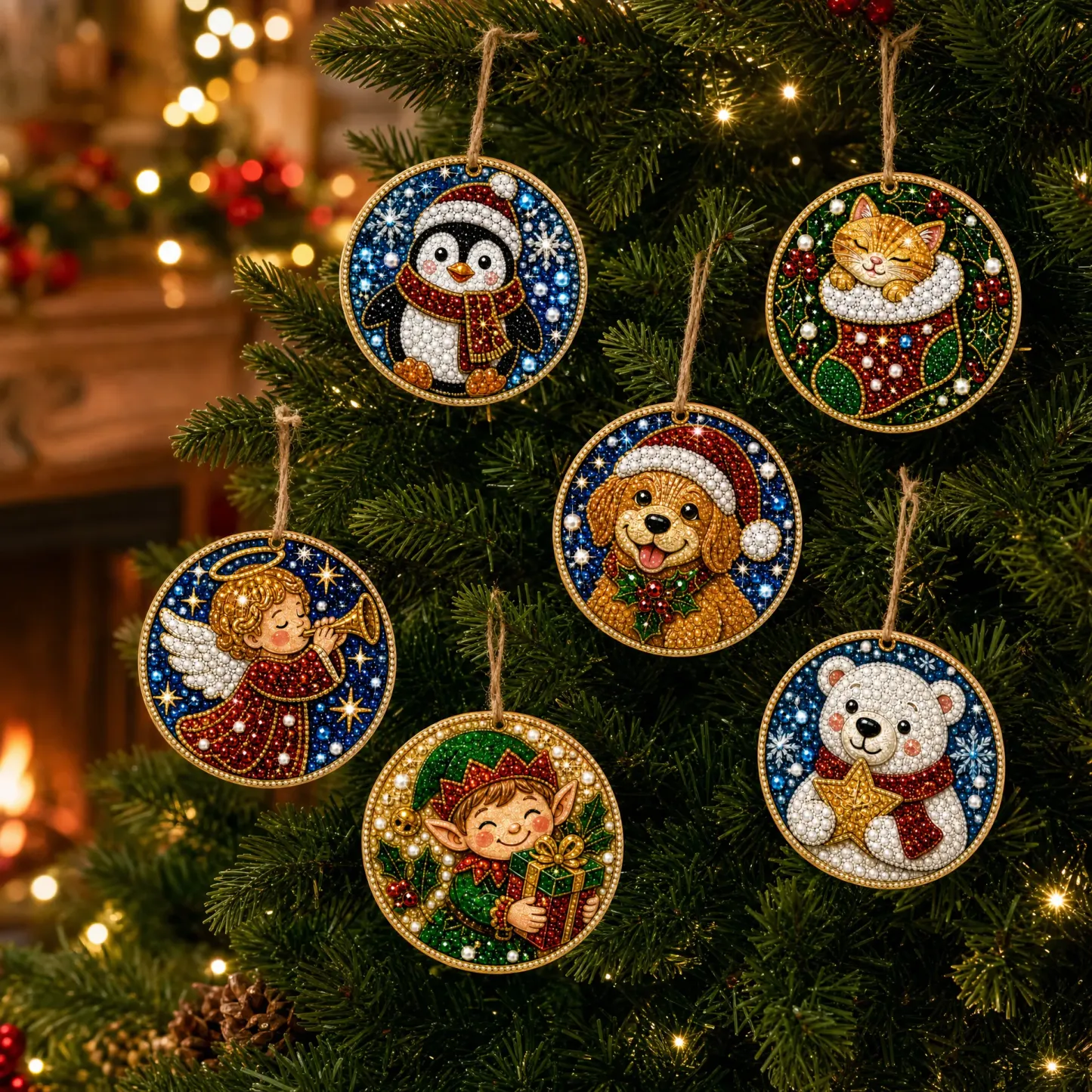 6 Pcs Christmas Wooden Ornaments DIY Pearls Diamond Painting Kit Rhinestone Art Pendants with Hemp Rope for Holiday Tree Decor