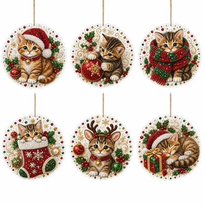 6pcs Xmas Kittens Pearl Art Diamond Painting Pendant