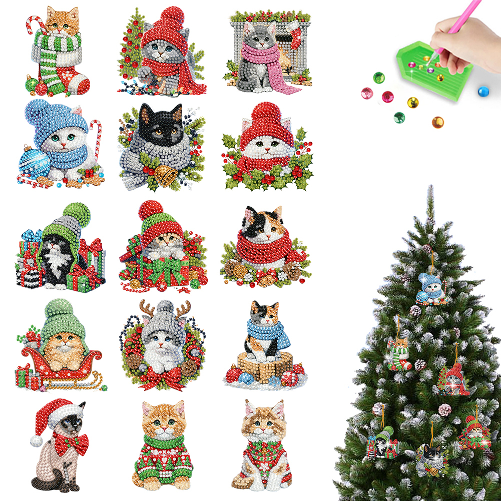 15Pcs DIY Christmas Atmosphere Cat Diamond Painting Pendant (Double-Sided)