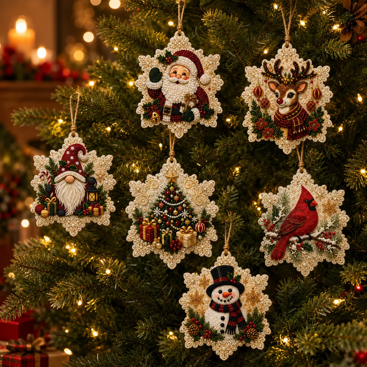 6 Pcs Christmas Ornaments DIY Pearls Diamond Painting Kit Rhinestone Art Pendants with Hemp Rope for Holiday Tree Decor