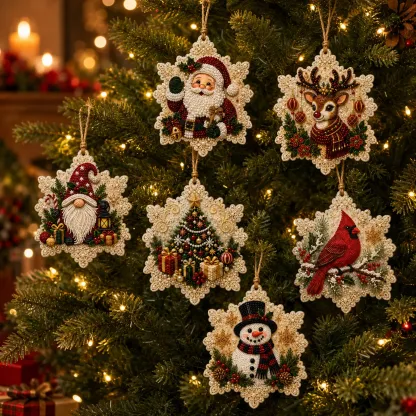 6 Pcs Christmas Ornaments DIY Pearls Diamond Painting Kit Rhinestone Art Pendants with Hemp Rope for Holiday Tree Decor