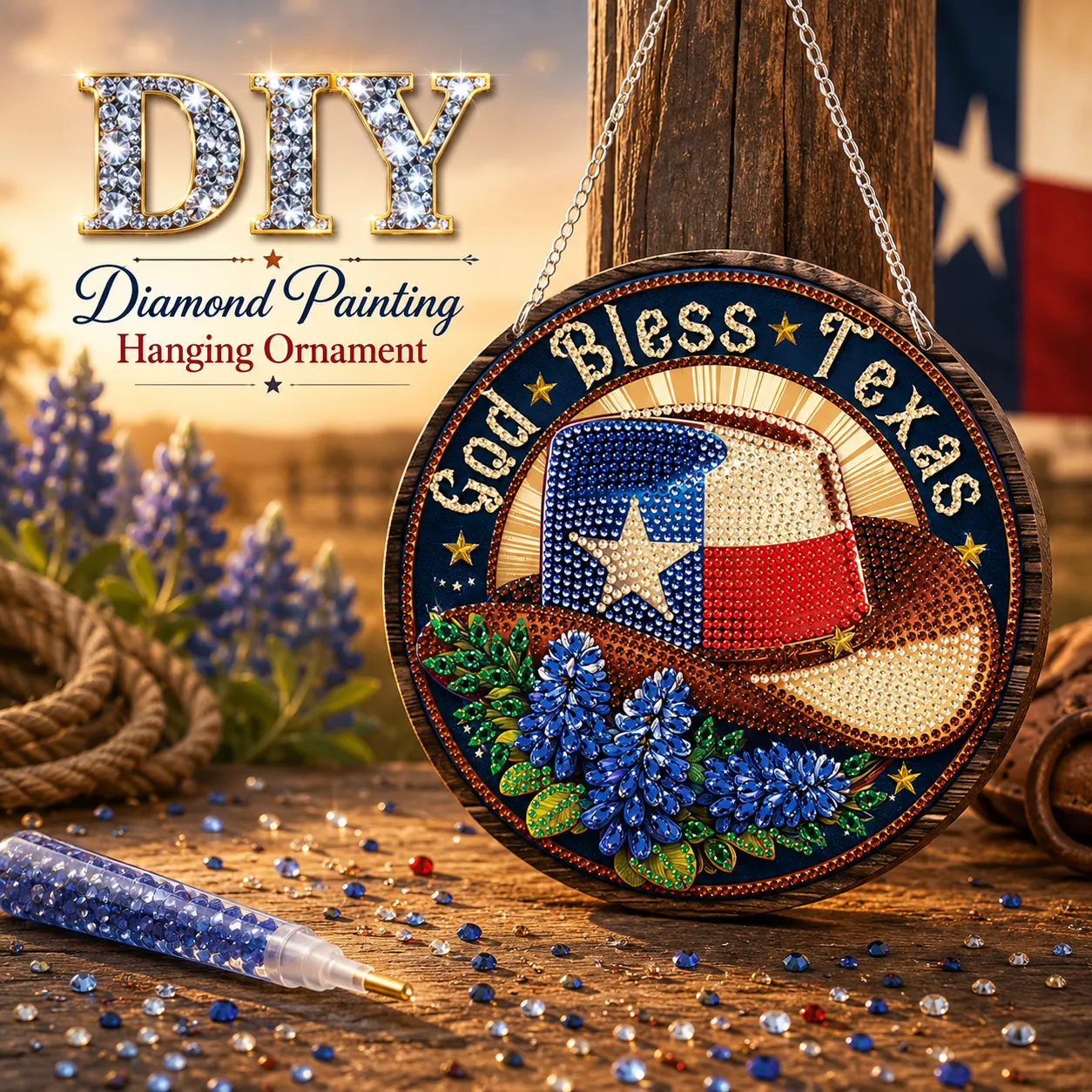 DIY God Bless Texas-Diamond Painting Sun Catcher（Single-Sided)