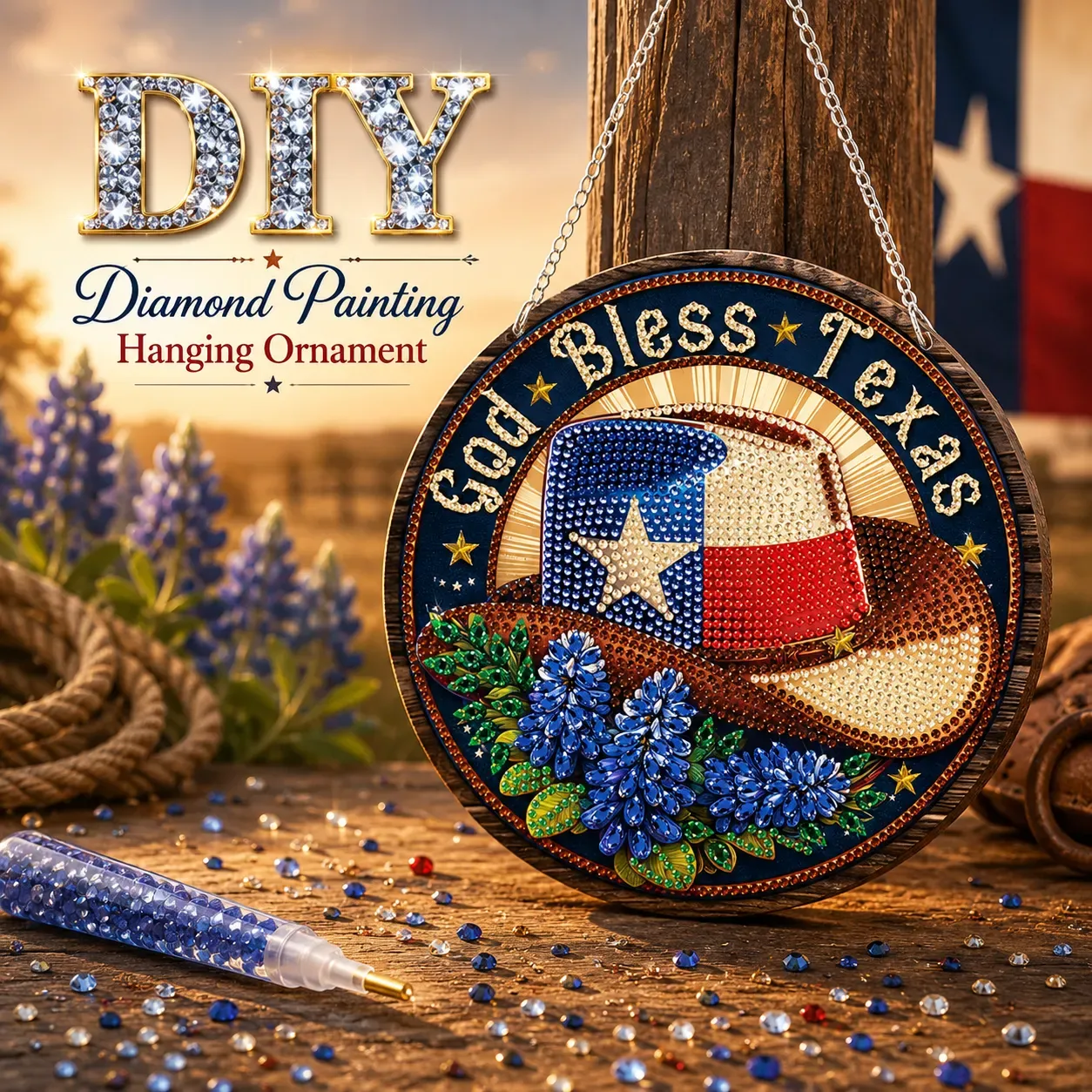DIY God Bless Texas-Diamond Painting Sun Catcher（Single-Sided)