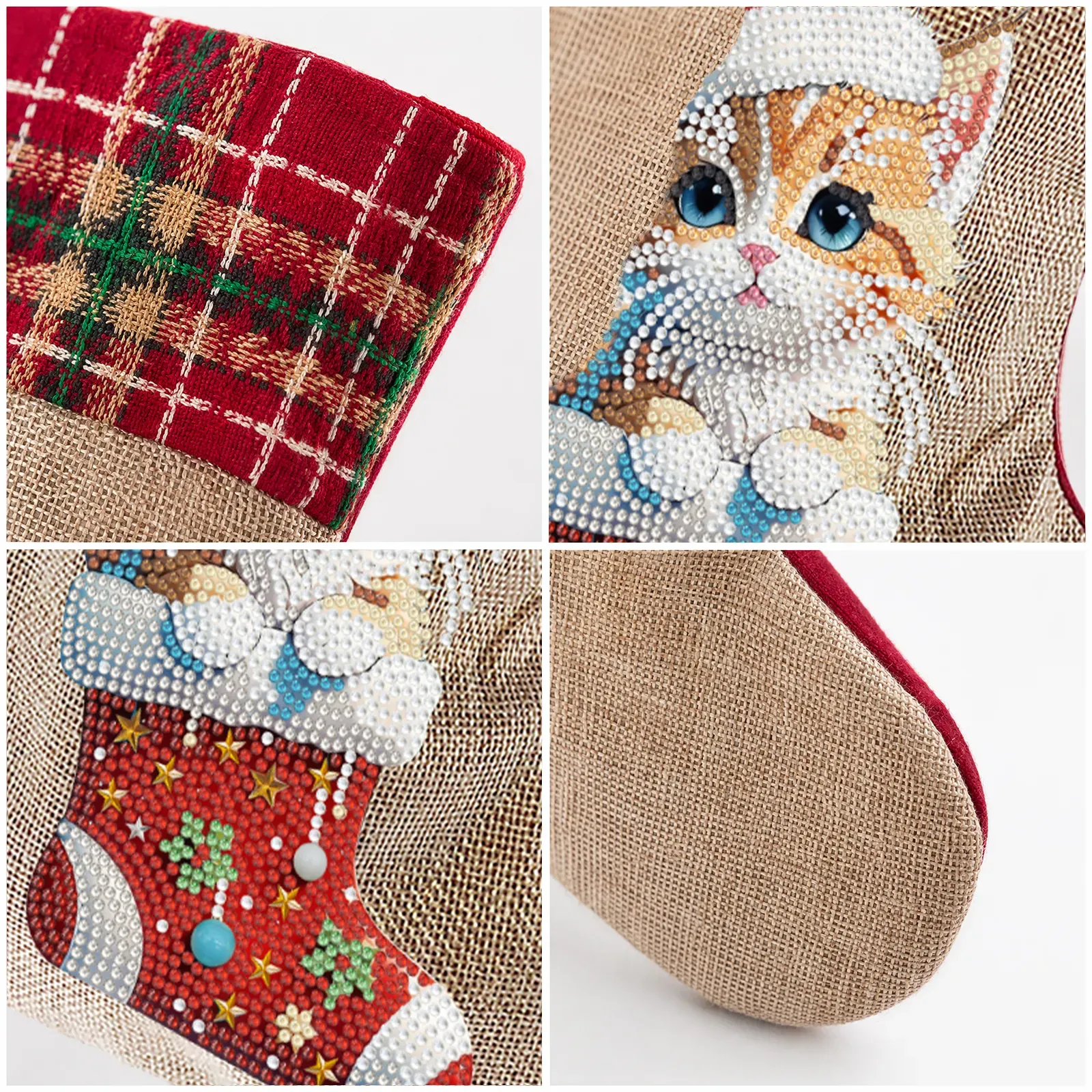 DIY Diamond Painting Christmas Stockings Hanging Ornaments Large Capacity Xmas Socks Pendant Wear Resist Candy Gift Storage Bags for Family Christmas Holiday Party Decoration (Christmas cat)