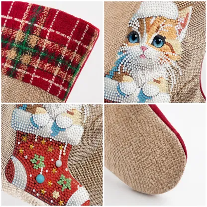 DIY Diamond Painting Christmas Stockings Hanging Ornaments Large Capacity Xmas Socks Pendant Wear Resist Candy Gift Storage Bags for Family Christmas Holiday Party Decoration (Christmas cat)