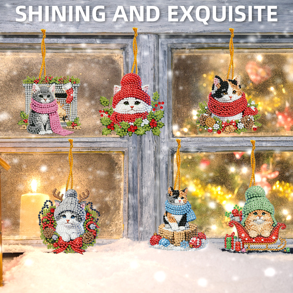 15Pcs DIY Christmas Atmosphere Cat Diamond Painting Pendant (Double-Sided)