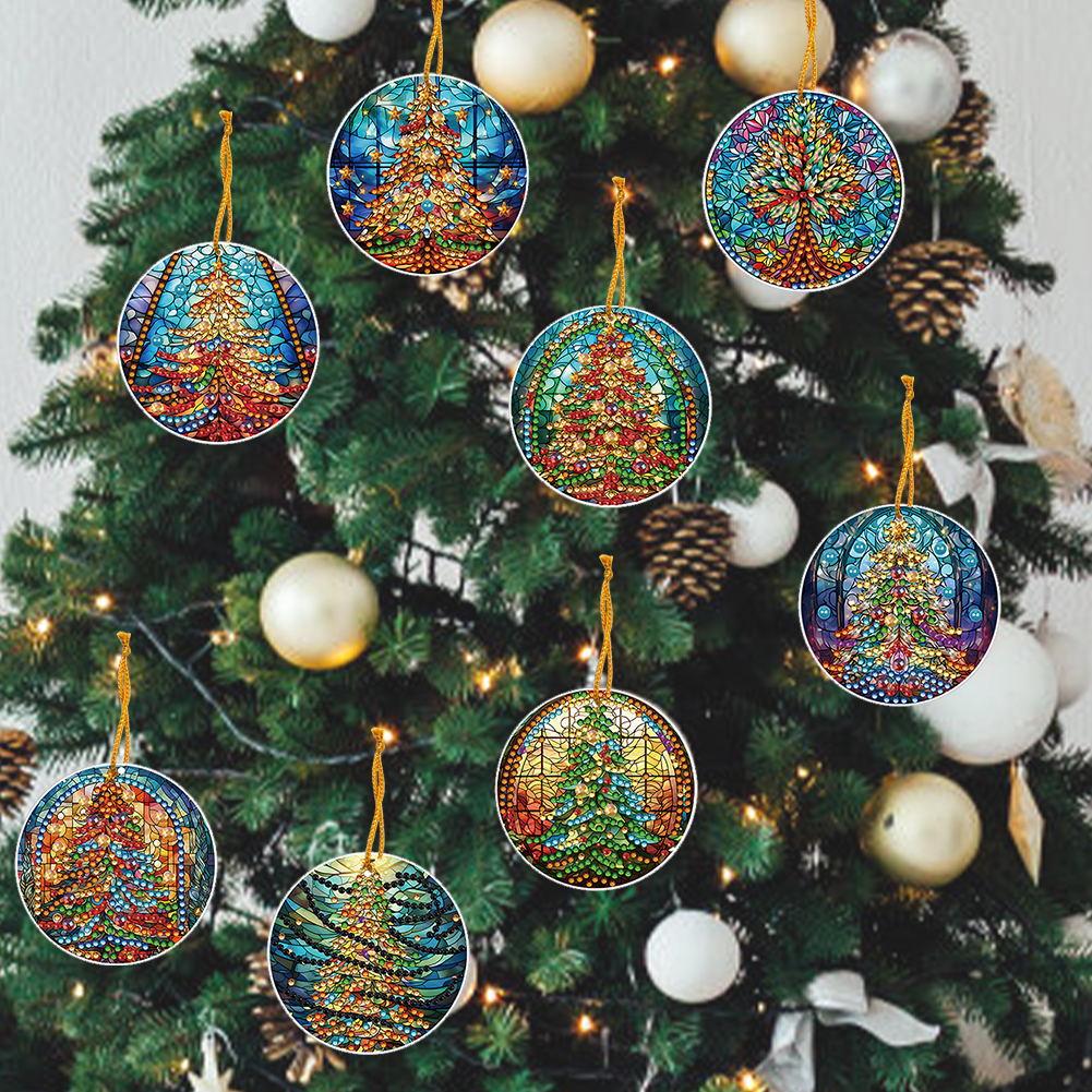 8Pcs DIY Christmas Tree Diamond Painting Pendant（Single Sided)