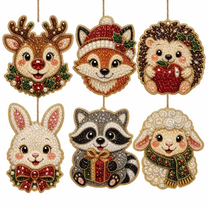 6pcs Forest Cute Animals Pearl Art Diamond Painting  Pendant - Acrylic Christmas Tree Ornaments DIY Decor Kit