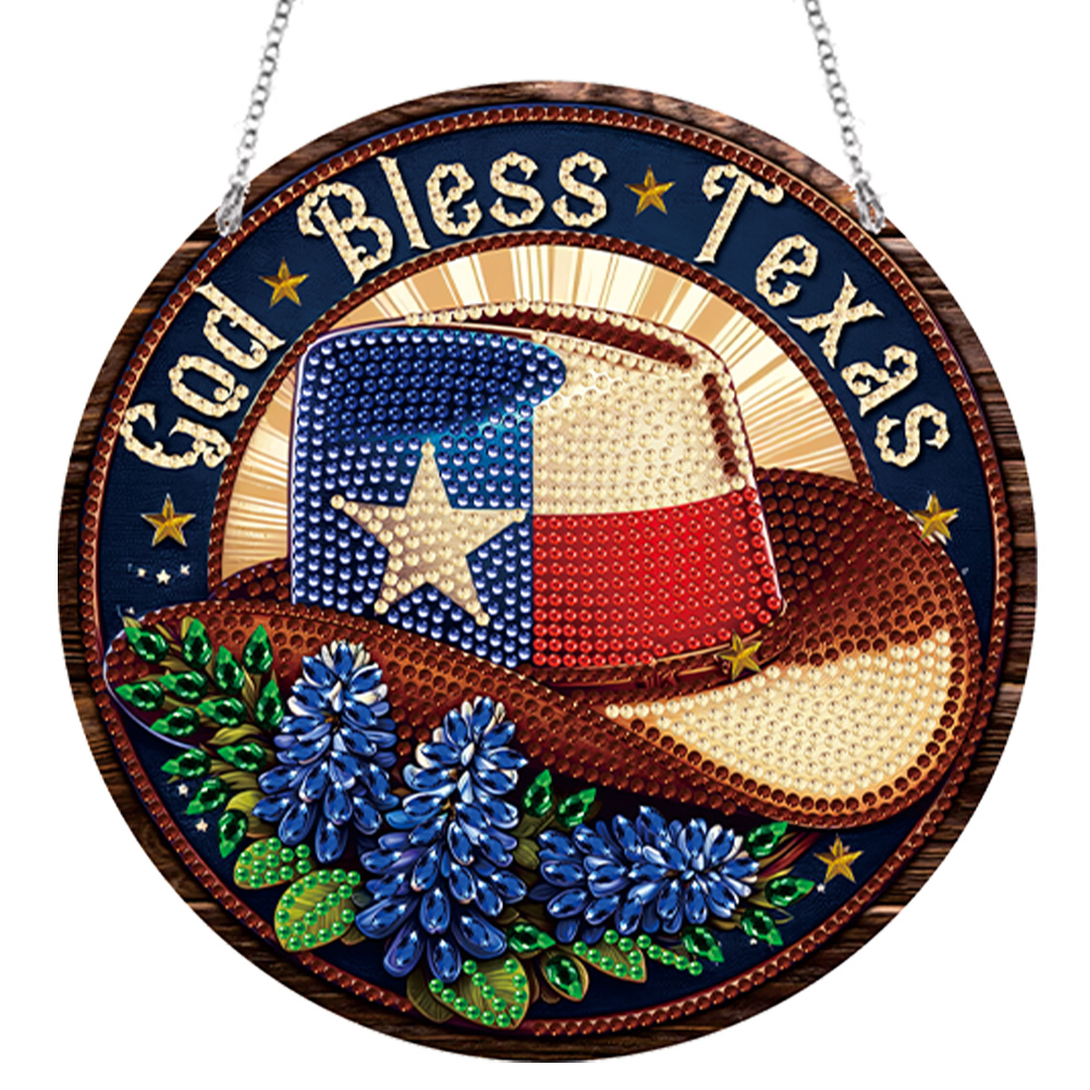 DIY God Bless Texas-Diamond Painting Sun Catcher（Single-Sided)