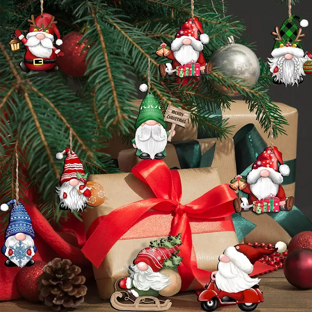 (24PCS)Christmas Gnome Santa Wooden Hanging Pendant(With Rope)