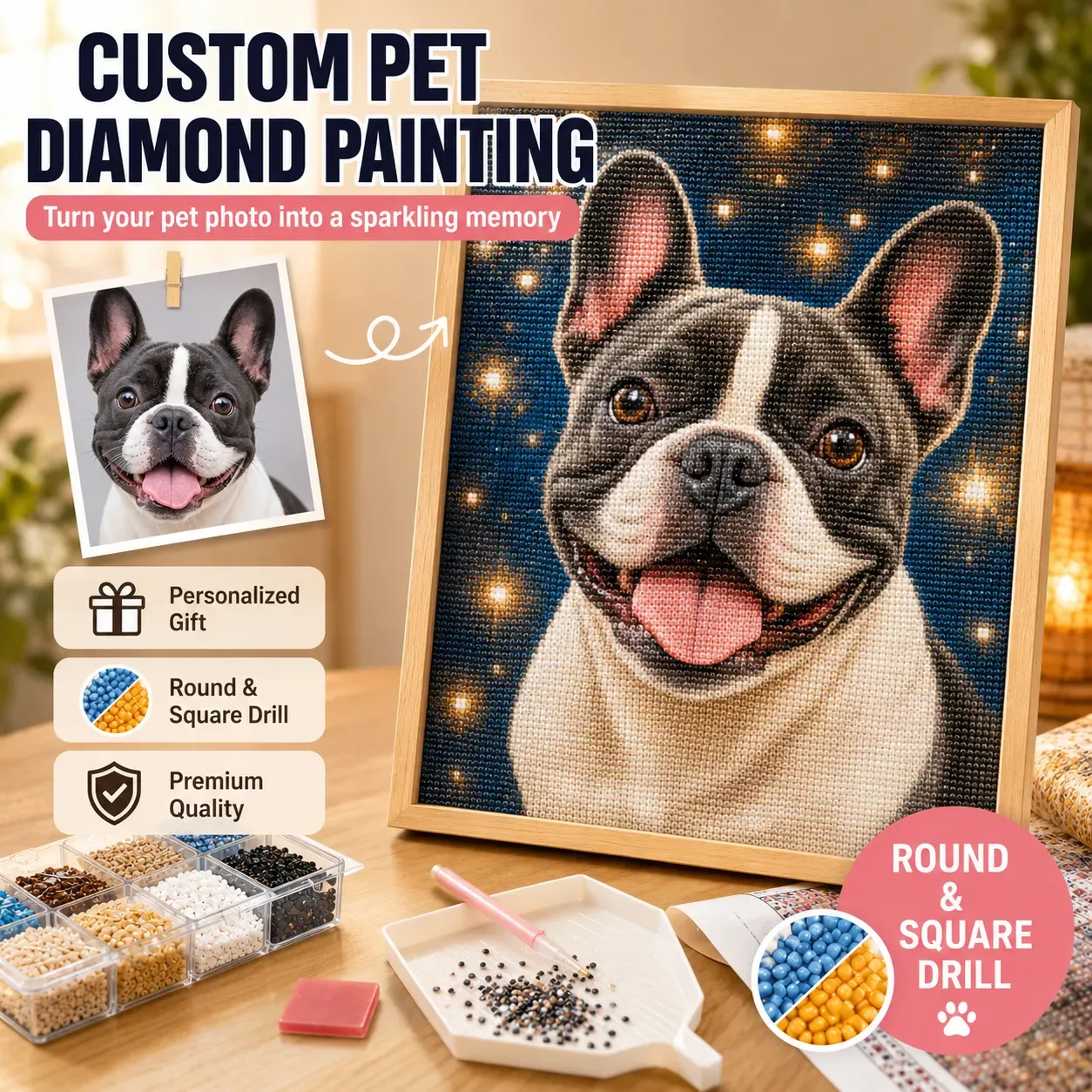 Custom Pet Diamond Painting Kit – Personalized 5D Art from Your Photo