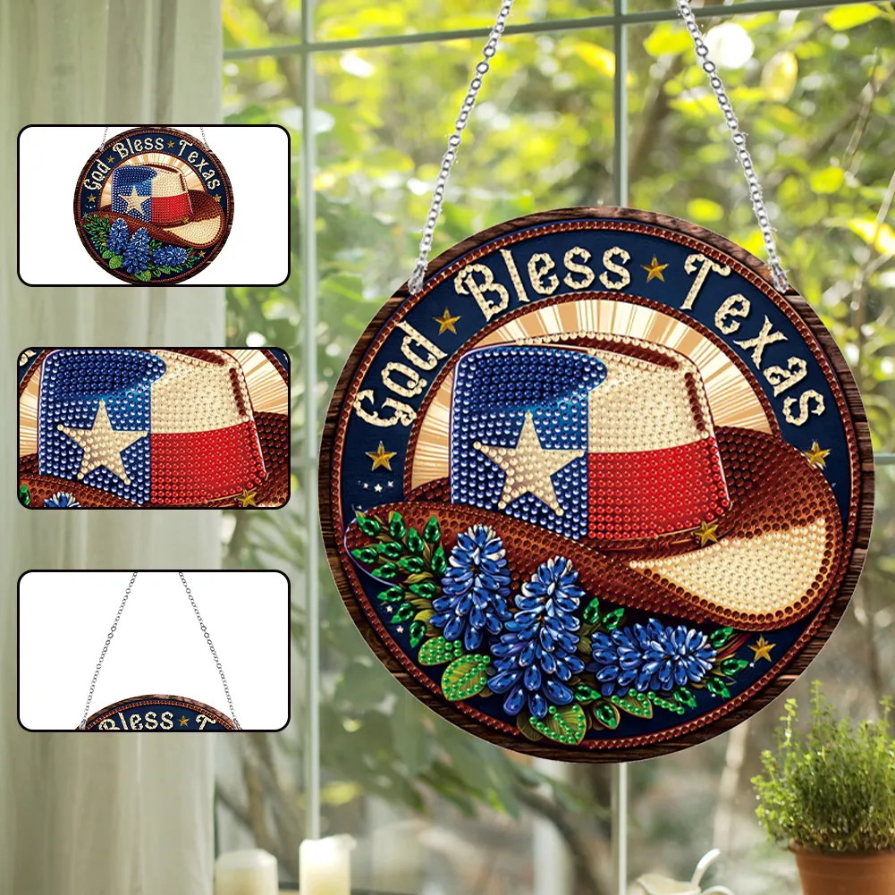DIY God Bless Texas-Diamond Painting Sun Catcher（Single-Sided)