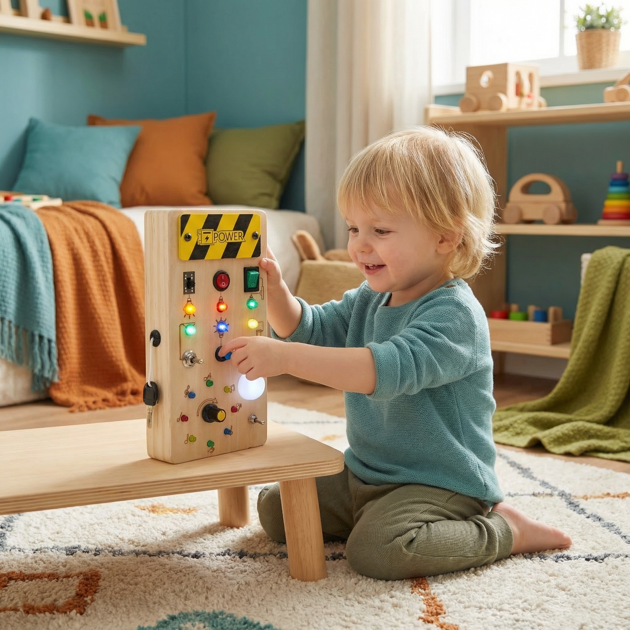 Montessori Wooden Sensory Board with Lights & Switches – Motor Skills Toy for Kids