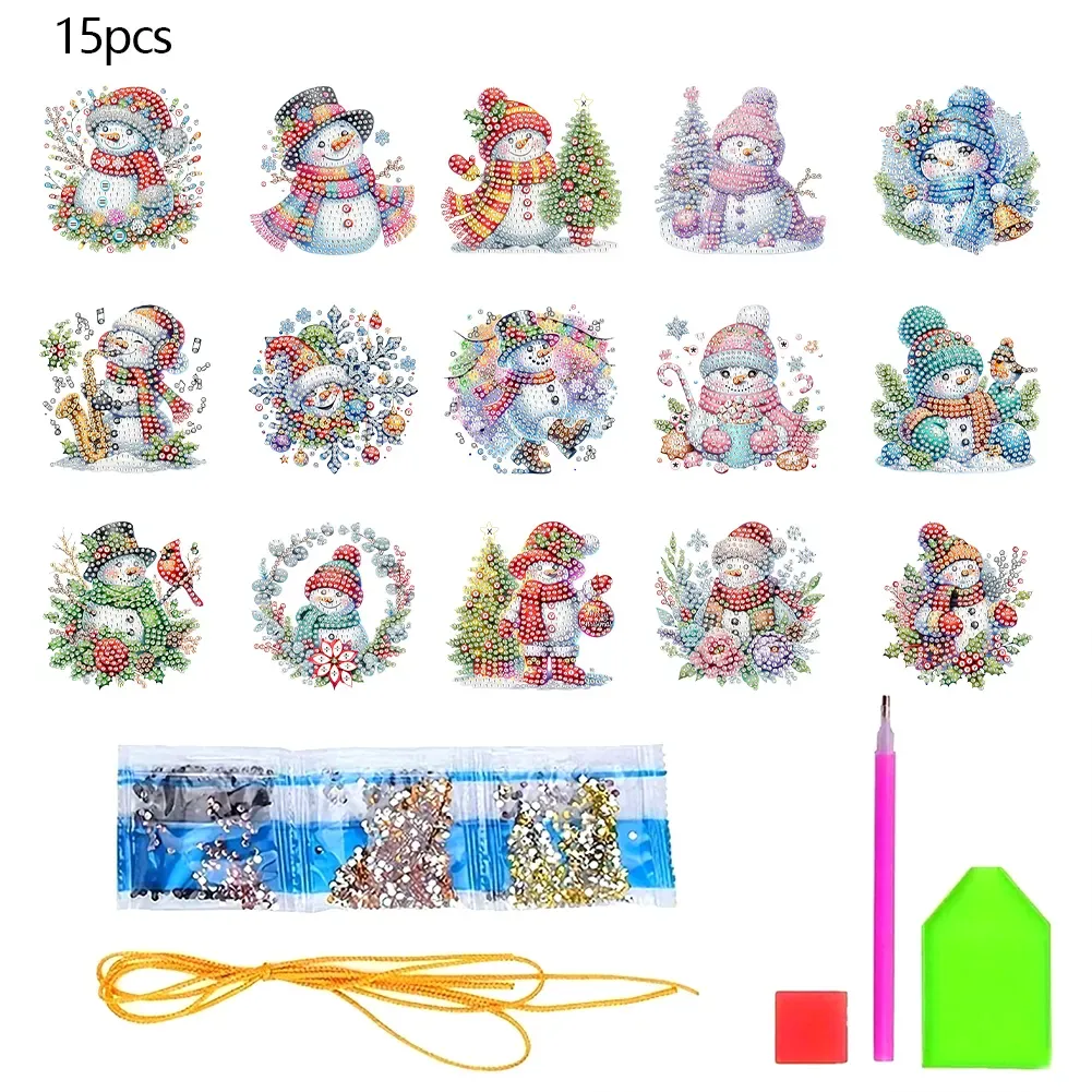15Pcs DIY Snowman Diamond Painting Pendant (Double-Sided)