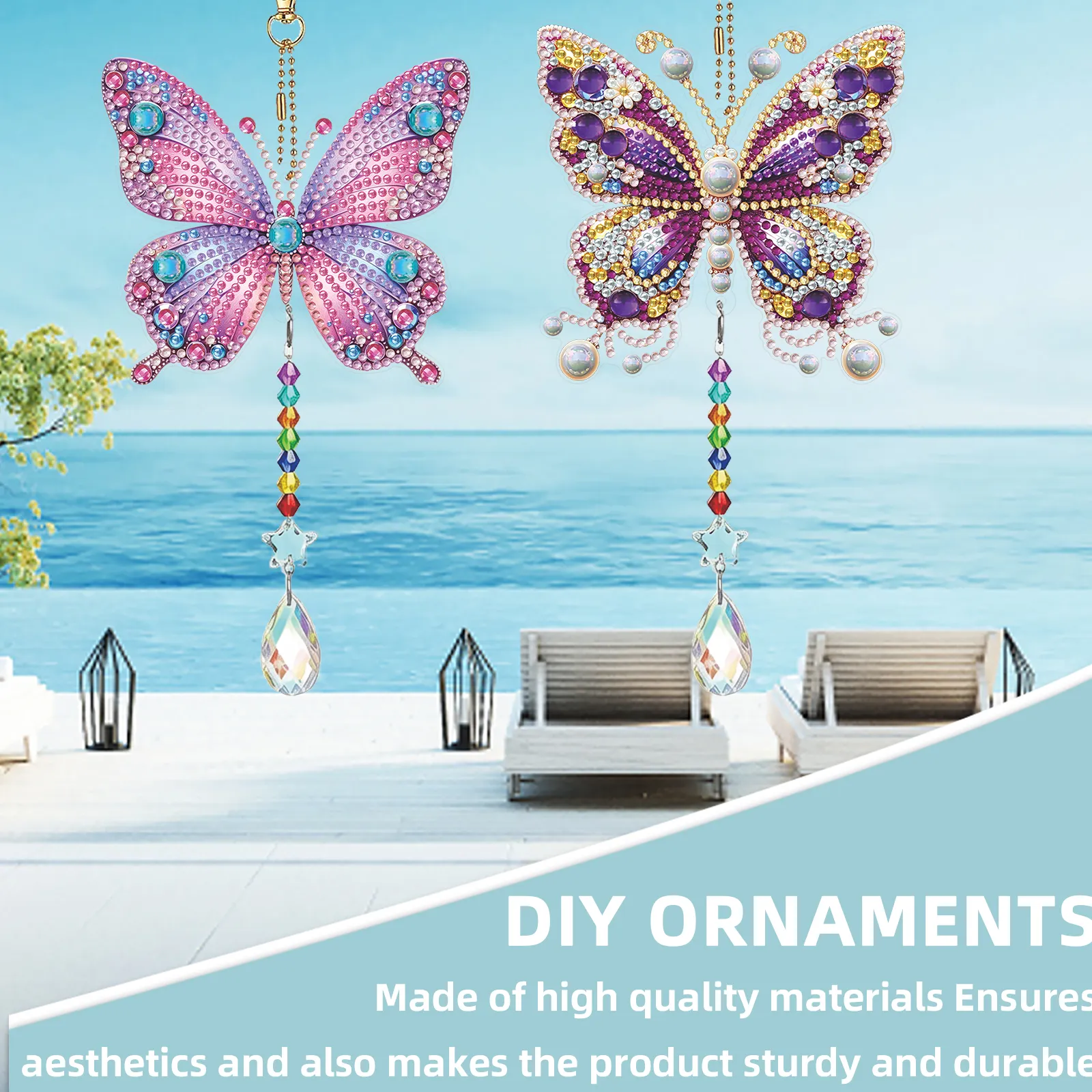 Butterfly 5D Diamond Painting Suncatcher with Crystal Pendant, Double-Sided Hanging Wind Chime Kit for Adults | Colorful Spring Window Decor