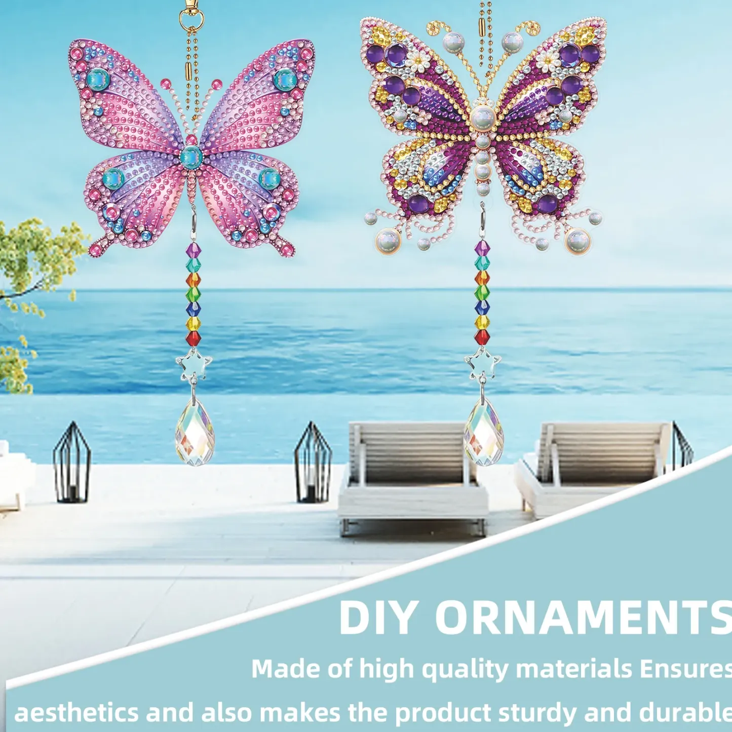 Butterfly 5D Diamond Painting Suncatcher with Crystal Pendant, Double-Sided Hanging Wind Chime Kit for Adults | Colorful Spring Window Decor