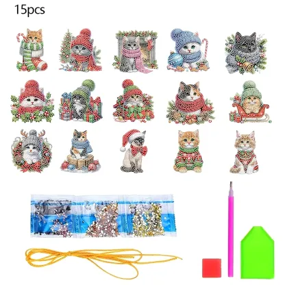 15Pcs DIY Christmas Atmosphere Cat Diamond Painting Pendant (Double-Sided)