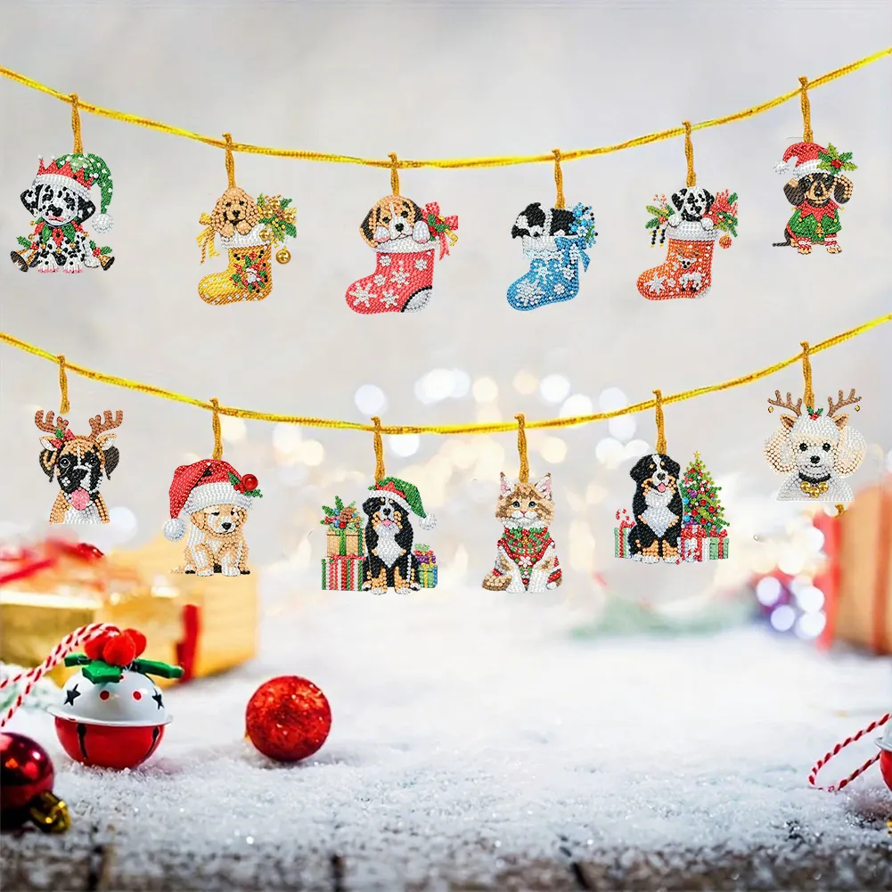 15Pcs DIY Christmas Atmosphere Dog Diamond Painting Pendant (Double-Sided)