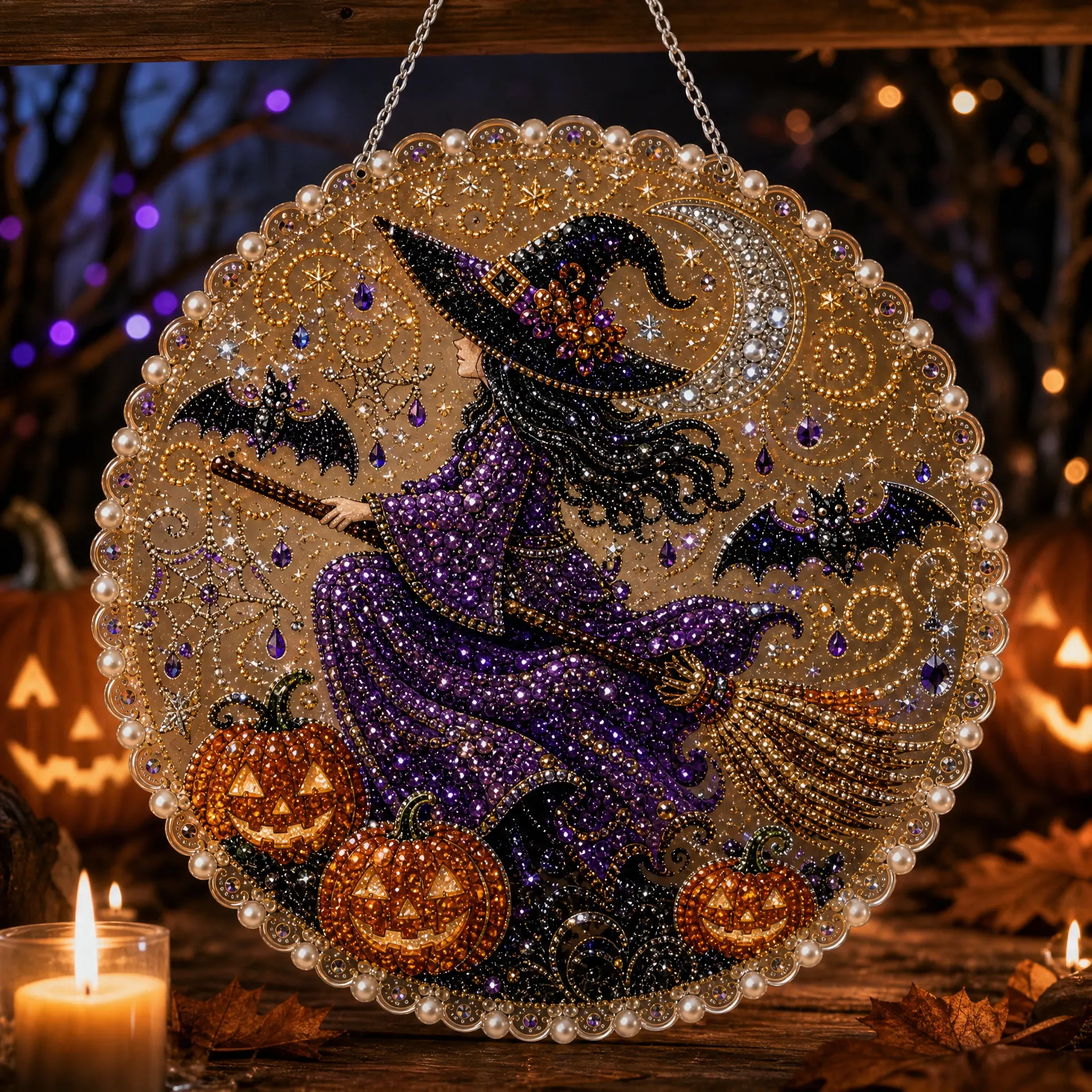 DIY Witch Halloween Diamond Painting Pearls Painting Pendant (Single-Sided)