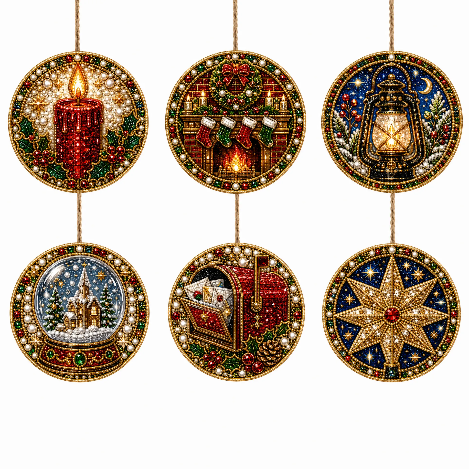 6 Pcs Christmas Wooden Ornaments DIY Pearls Diamond Painting Kit Rhinestone Art Pendants with Hemp Rope for Holiday Tree Decor