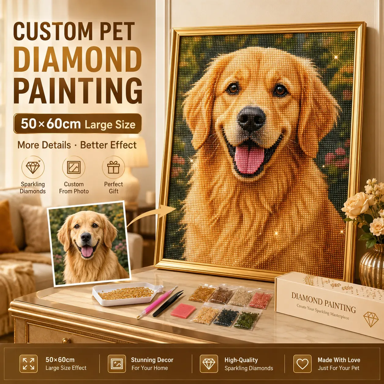 Custom Pet Diamond Painting Kit – Personalized 5D Art from Your Photo